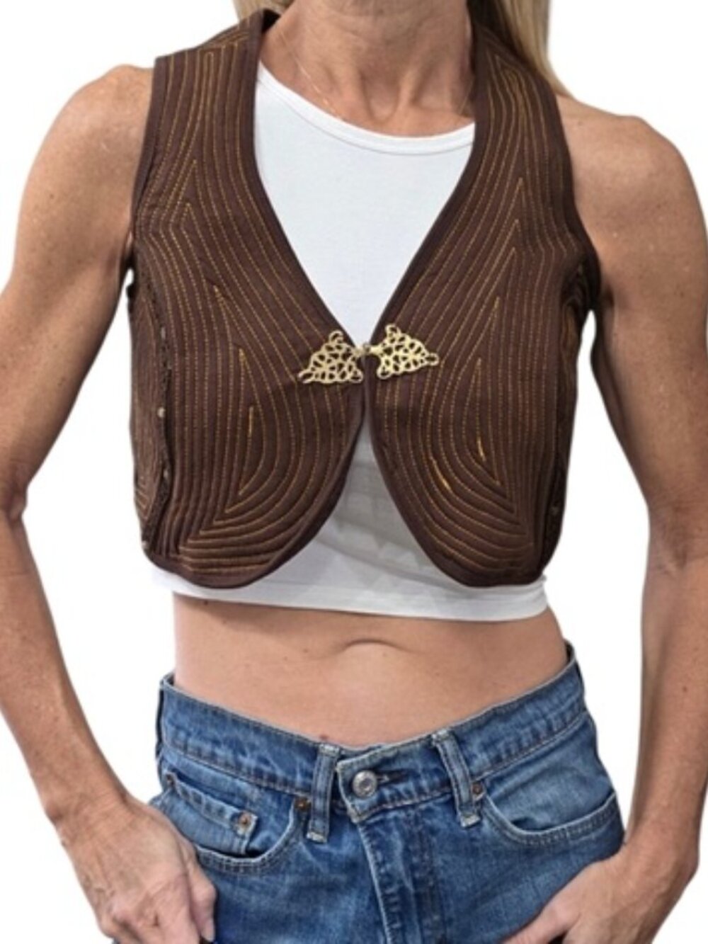 Brown Corset Vest Lace Up Back Gold Studs Contrast Stitch Y2K Western